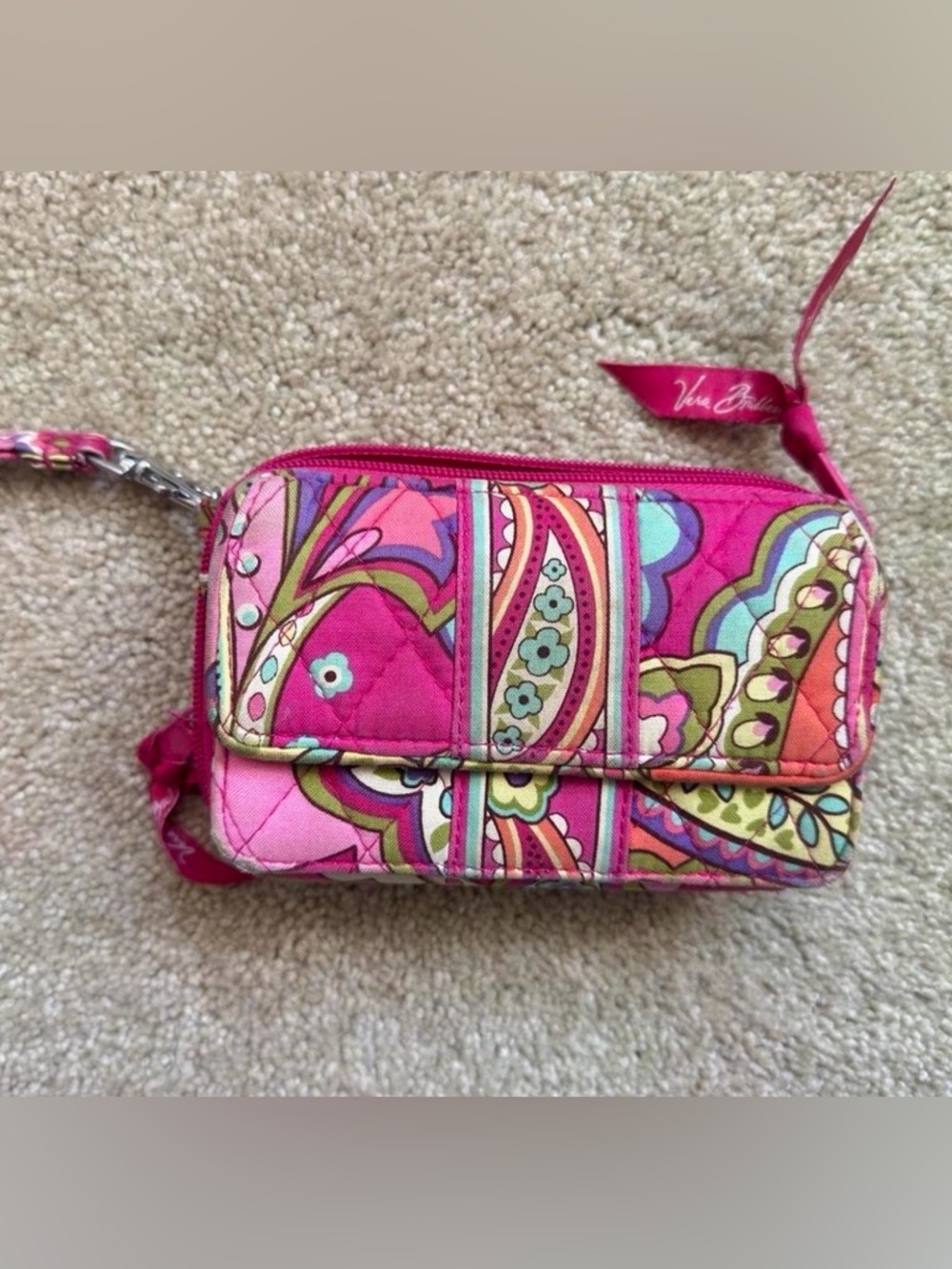 Vera Bradley Hot Pink Paisley Quilted Wristlet with Multi-Color Pattern